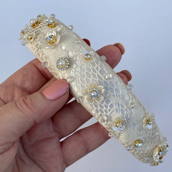 1” Padded Headband Offwhite Vintage Lace Overlay Flower/beads Adorned Handmade - Picture 8 of 11